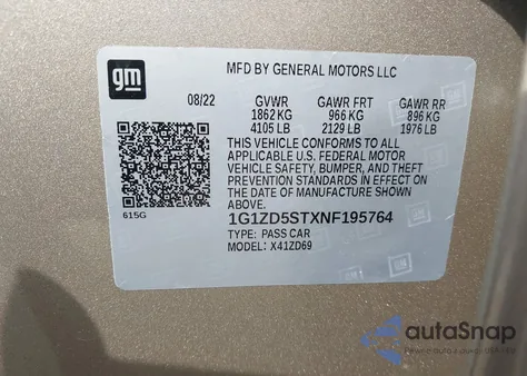 2022 Chevrolet Malibu Fwd Lt z USA, uszkodzony, nr VIN 1G1ZD5STXNF195764